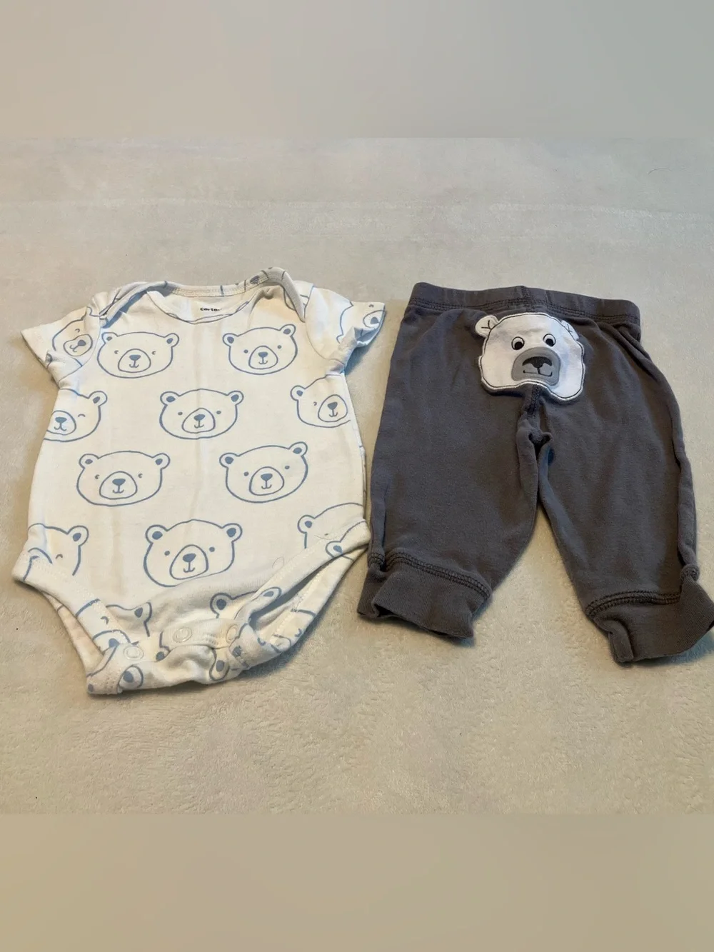 White and Light Blue Bear Print Baby Bodysuit and Gray Bear Pants